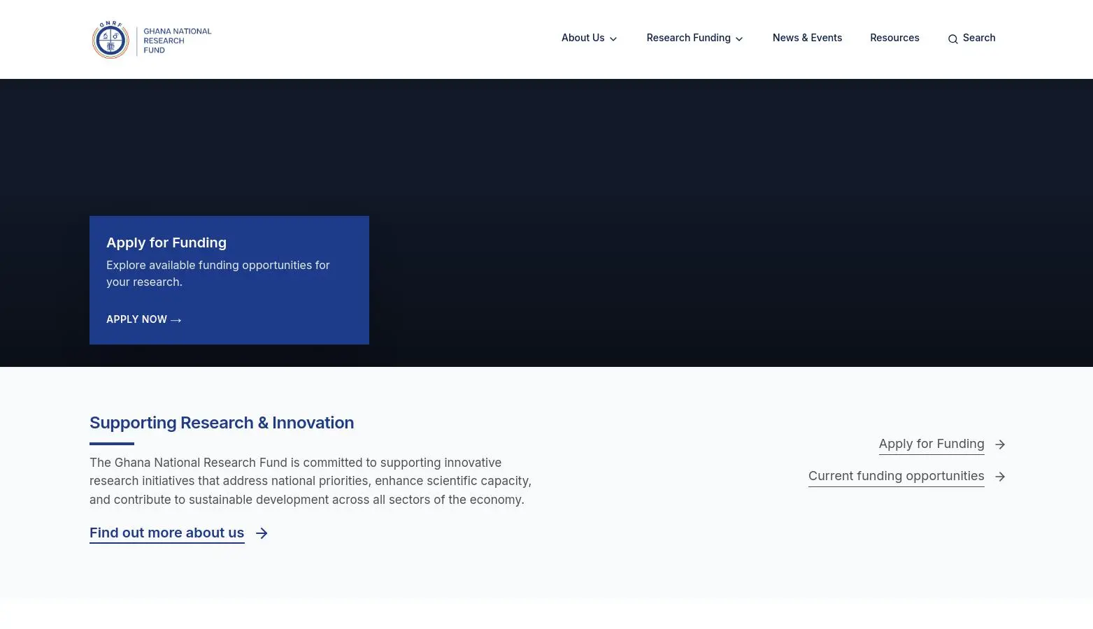 Ghana National Research Fund website homepage with funding links and research information