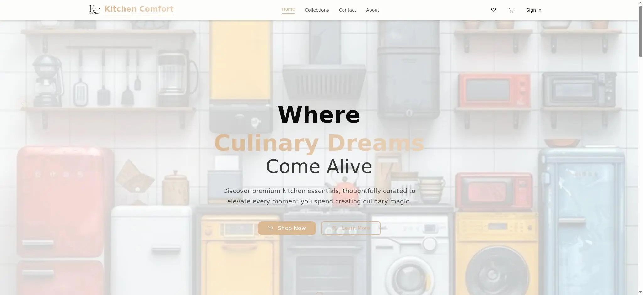 Kitchen Comfort storefront homepage featuring pastel kitchen appliances and shopping calls to action