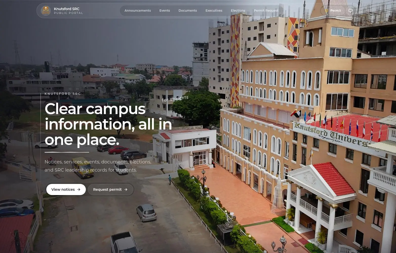 Knutsford SRC public portal homepage over an aerial campus photograph